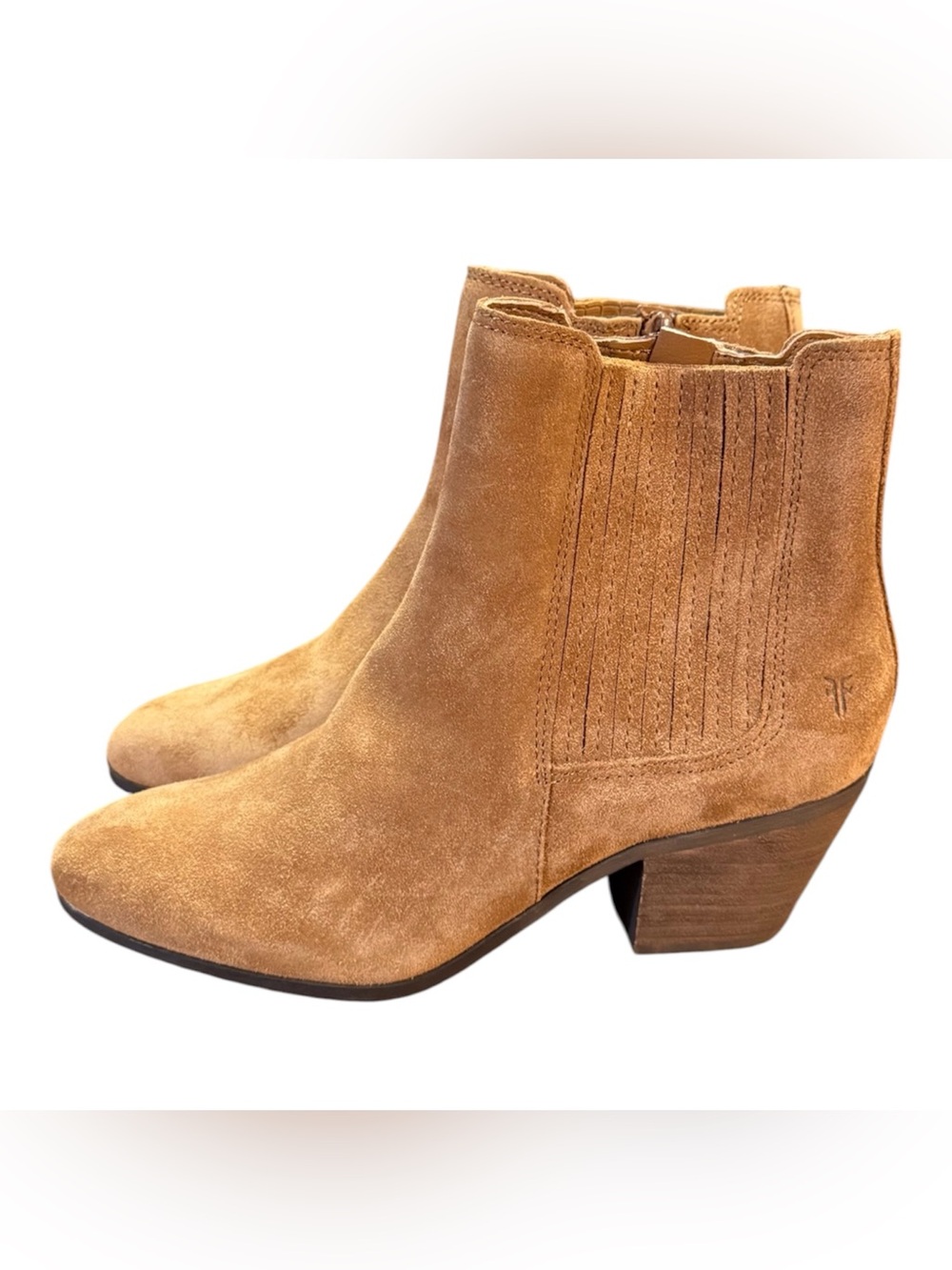 Frye Sandra Suede Chelsea Ankle Boots Cognac Brown Stacked Block Heel Size 7.5 - Picture 3 of 13